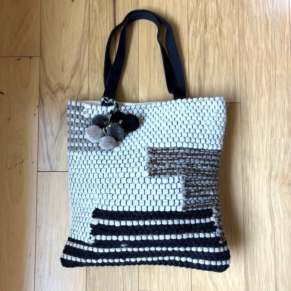 Lovestitch Boho Woven Pattern Tote Bag Pom Pom Charm Black Cream Neutral Strip
